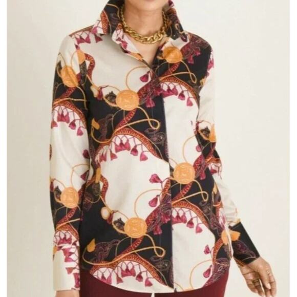 Chicos No Iron Status-Print Button Top Size 2 (Womens Large) Sateen Tassel Chain - Picture 1 of 9